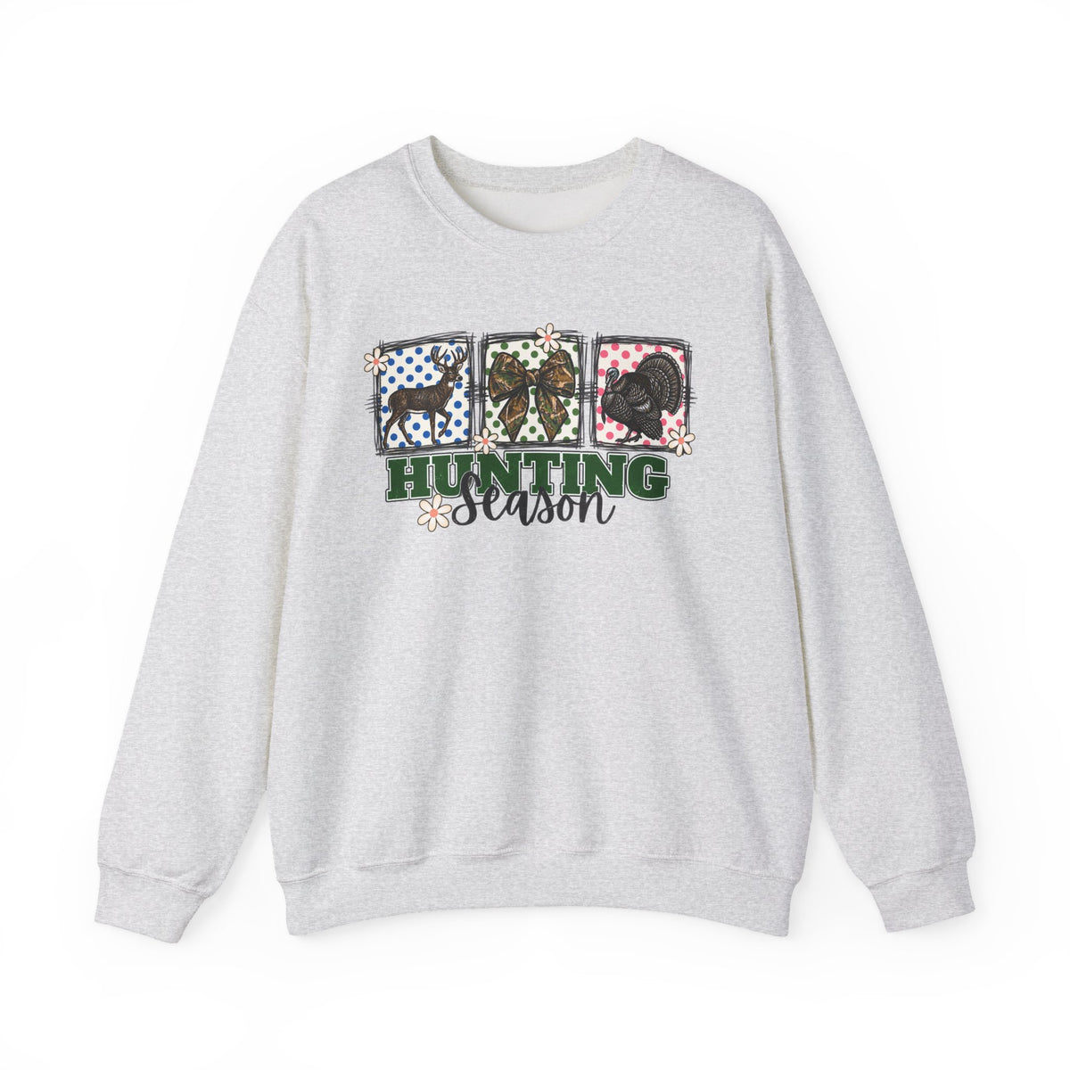 Hunting Season Crewneck Sweatshirt — Camo Deer, Turkey & Duck Graphic