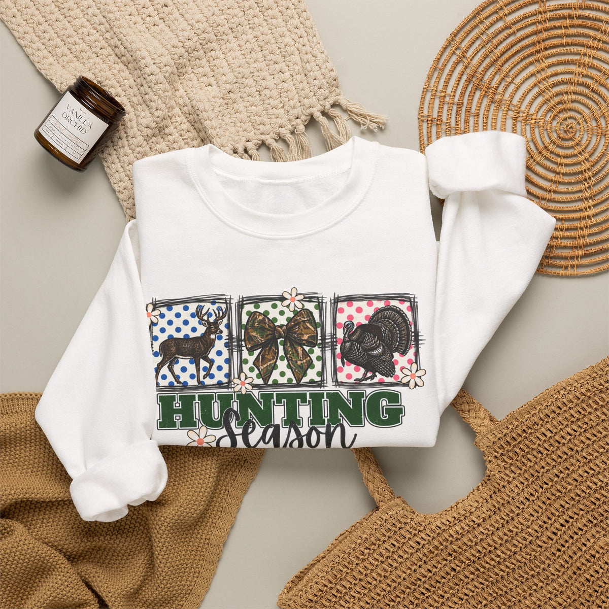 Hunting Season Crewneck Sweatshirt — Camo Deer, Turkey & Duck Graphic
