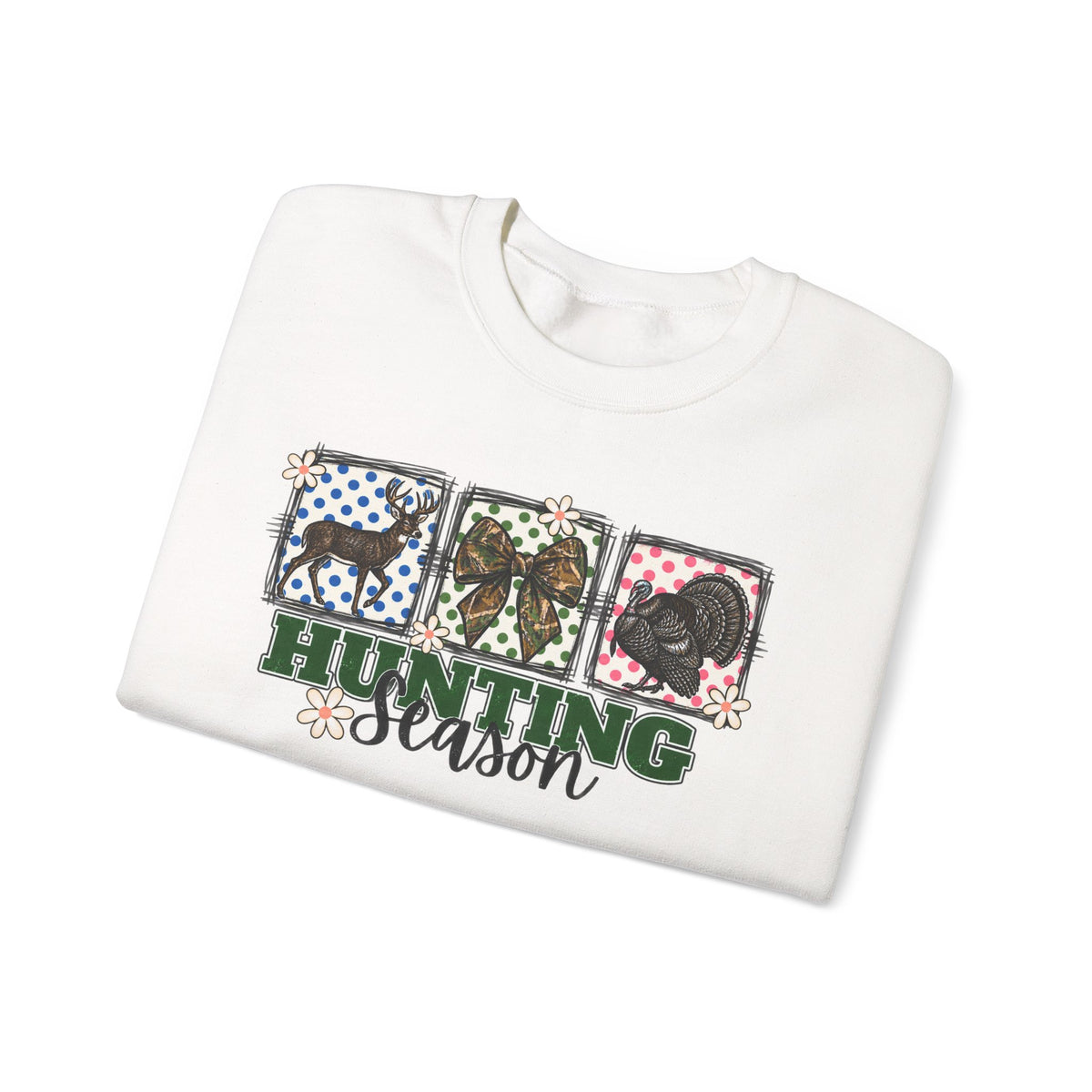 Hunting Season Crewneck Sweatshirt — Camo Deer, Turkey & Duck Graphic