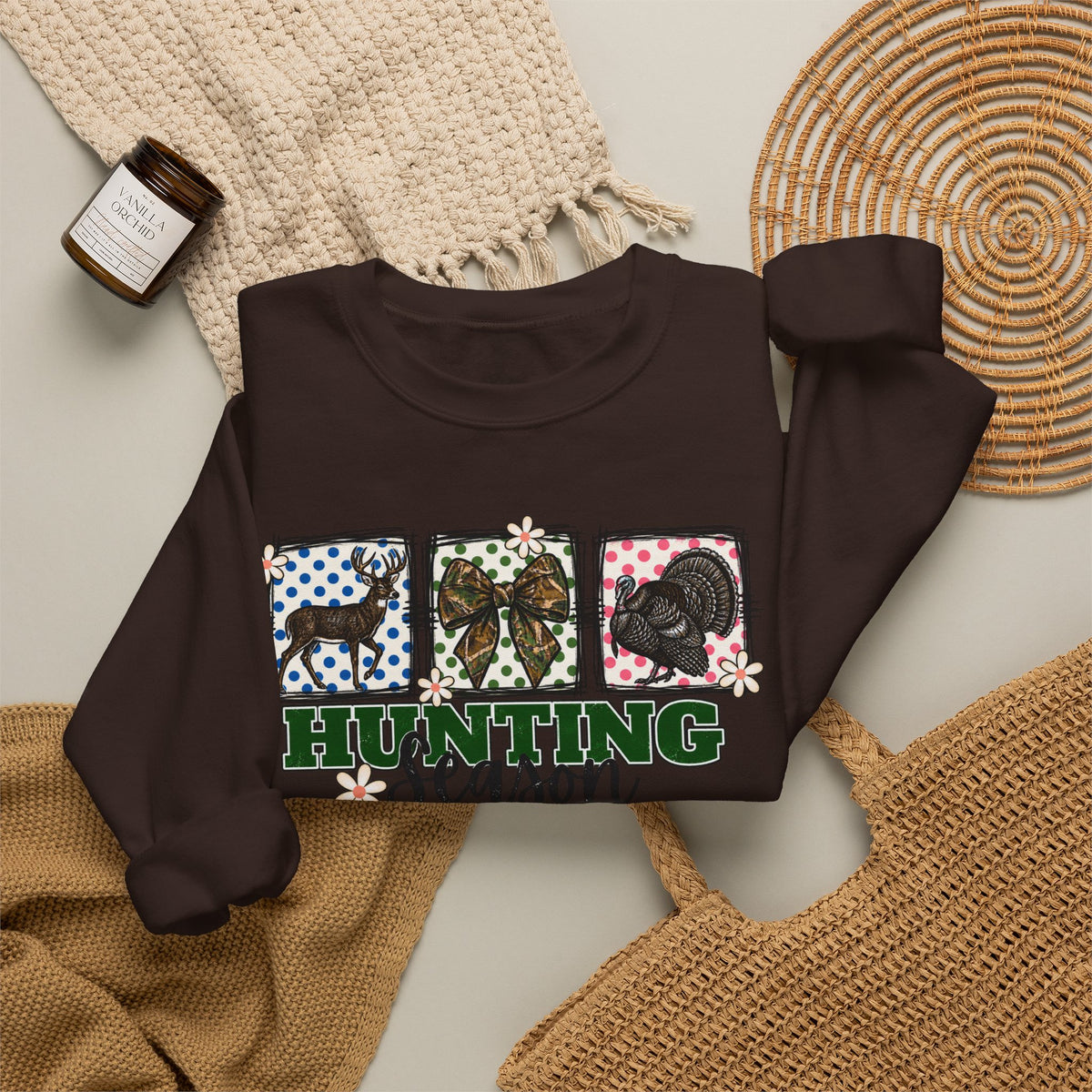 Hunting Season Crewneck Sweatshirt — Camo Deer, Turkey & Duck Graphic