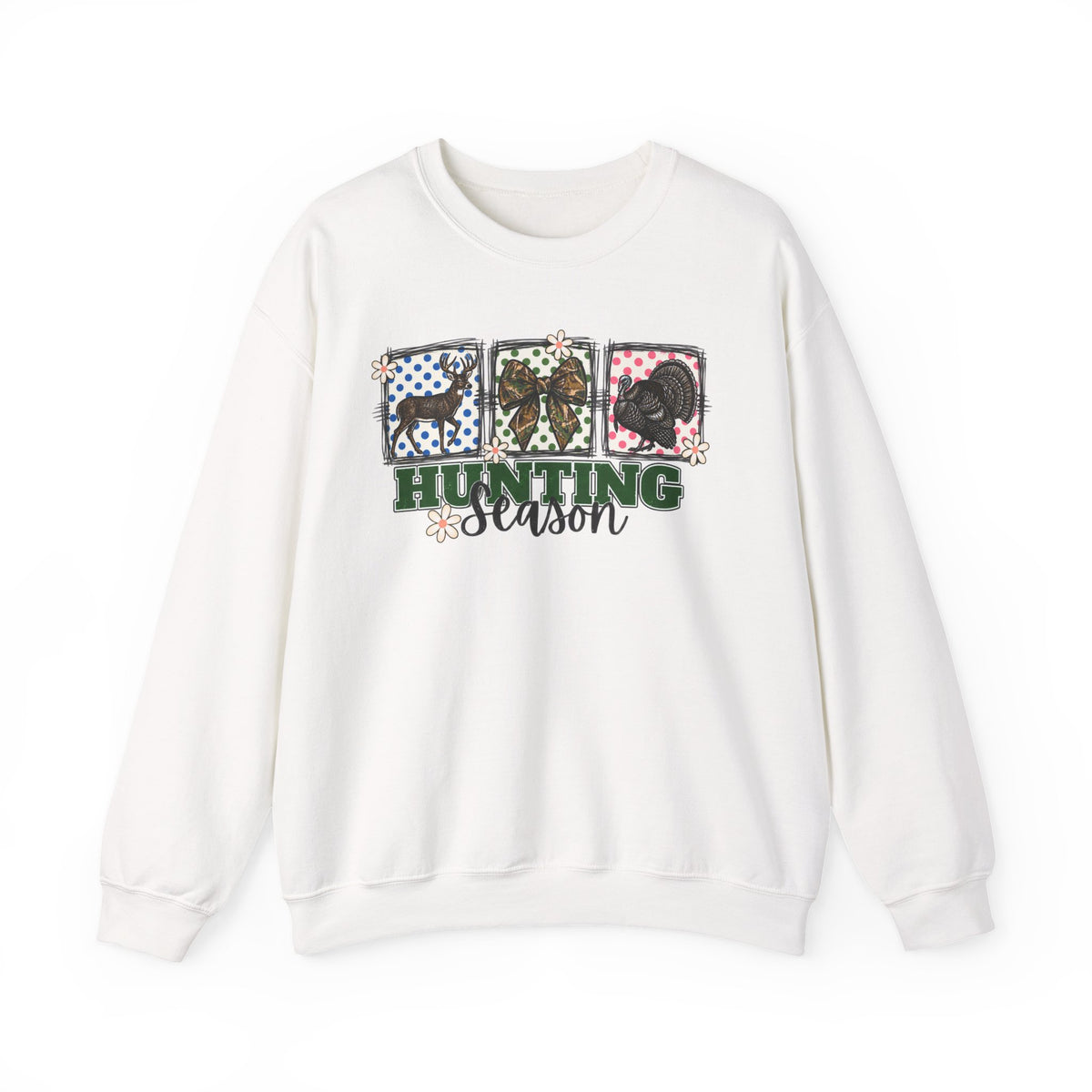 Hunting Season Crewneck Sweatshirt — Camo Deer, Turkey & Duck Graphic