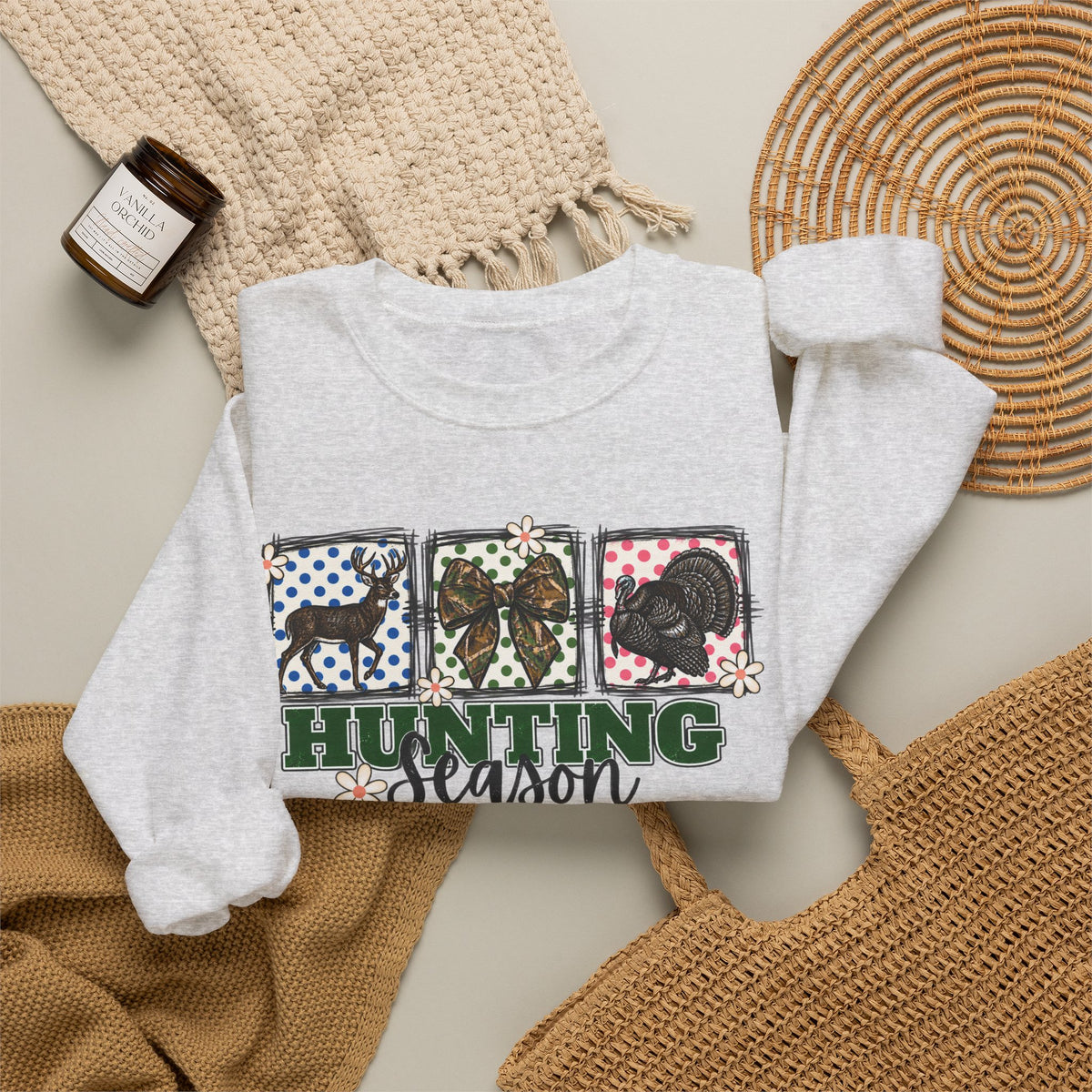 Hunting Season Crewneck Sweatshirt — Camo Deer, Turkey & Duck Graphic