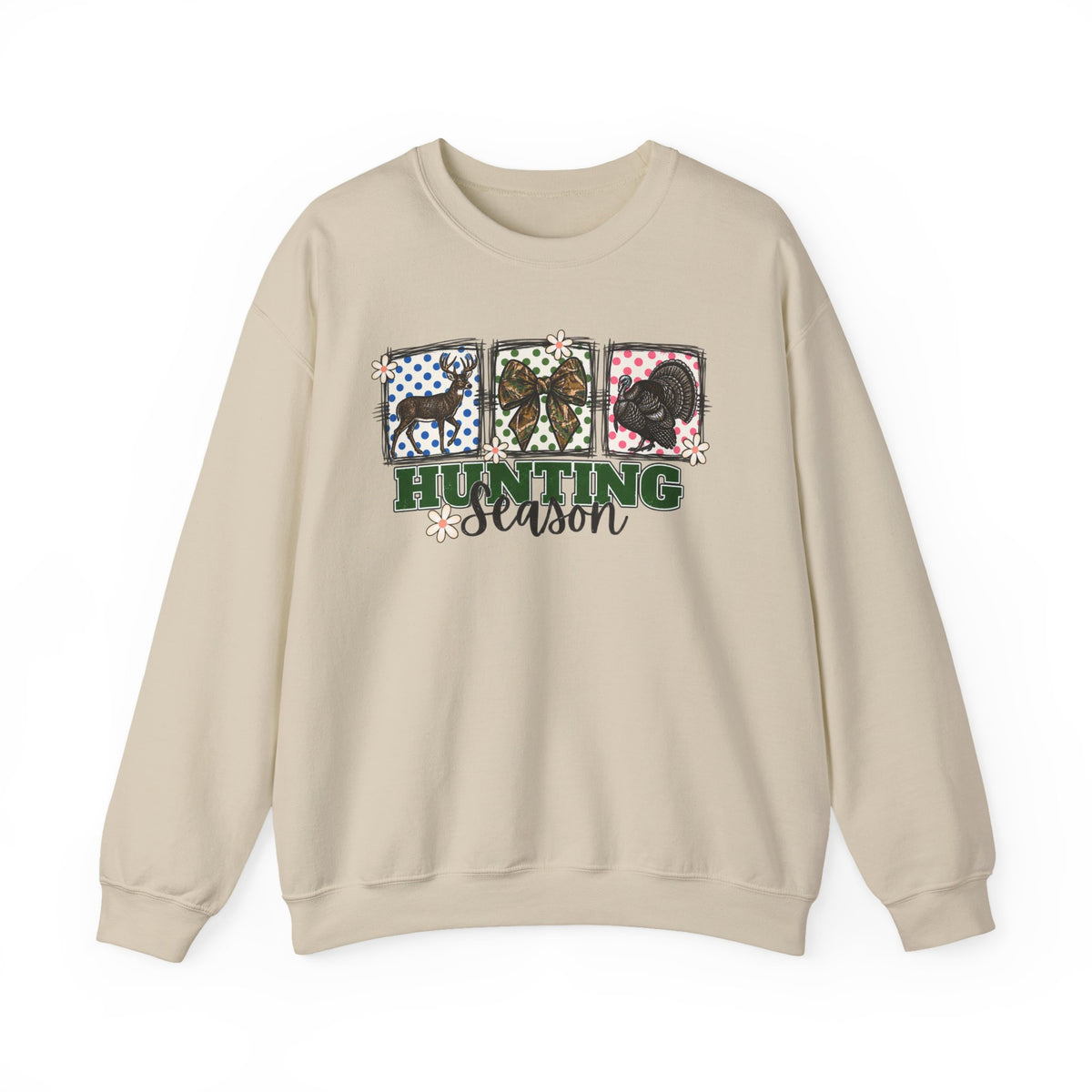 Hunting Season Crewneck Sweatshirt — Camo Deer, Turkey & Duck Graphic