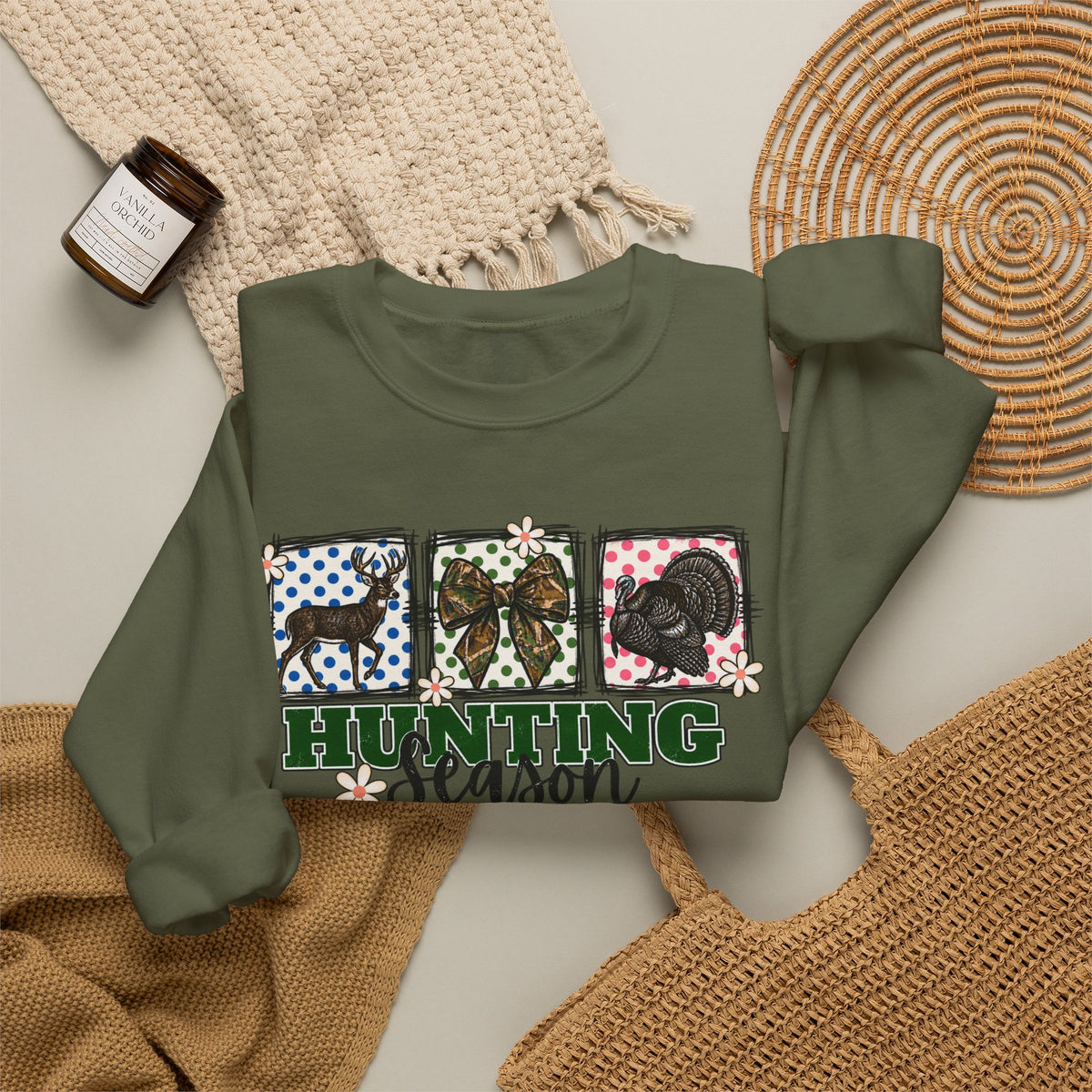 Hunting Season Crewneck Sweatshirt — Camo Deer, Turkey & Duck Graphic