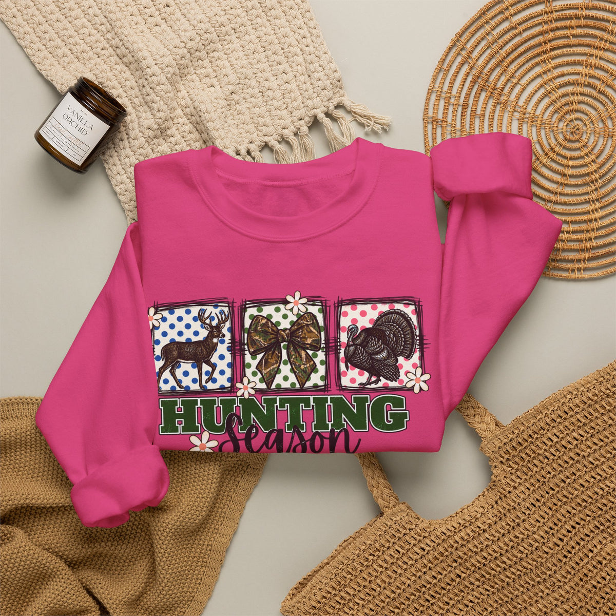 Hunting Season Crewneck Sweatshirt — Camo Deer, Turkey & Duck Graphic