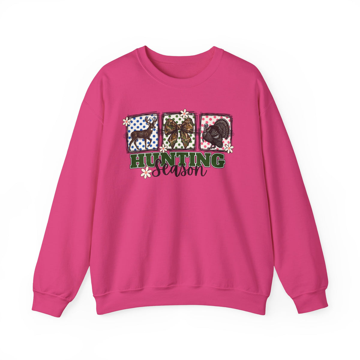 Hunting Season Crewneck Sweatshirt — Camo Deer, Turkey & Duck Graphic