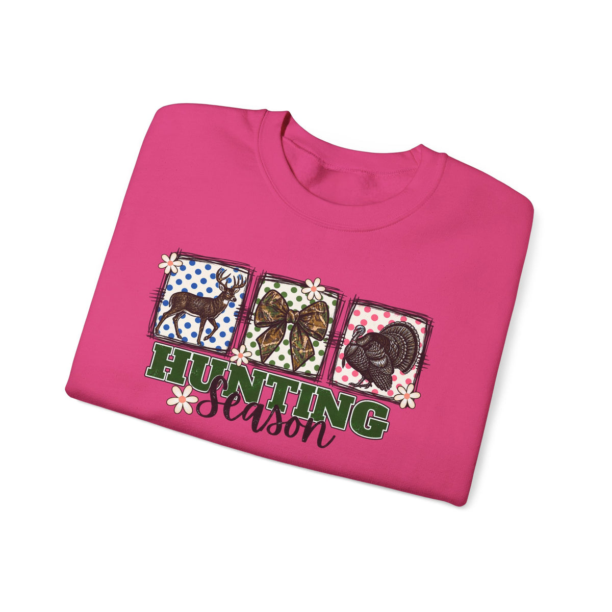 Hunting Season Crewneck Sweatshirt — Camo Deer, Turkey & Duck Graphic