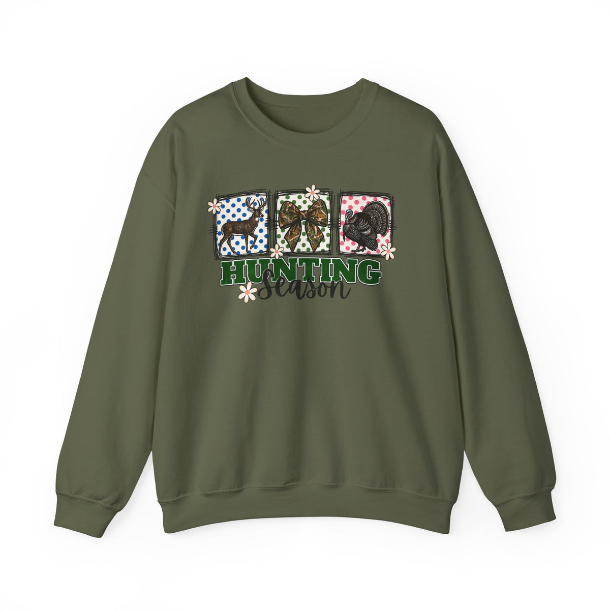 Hunting Season Crewneck Sweatshirt — Camo Deer, Turkey & Duck Graphic