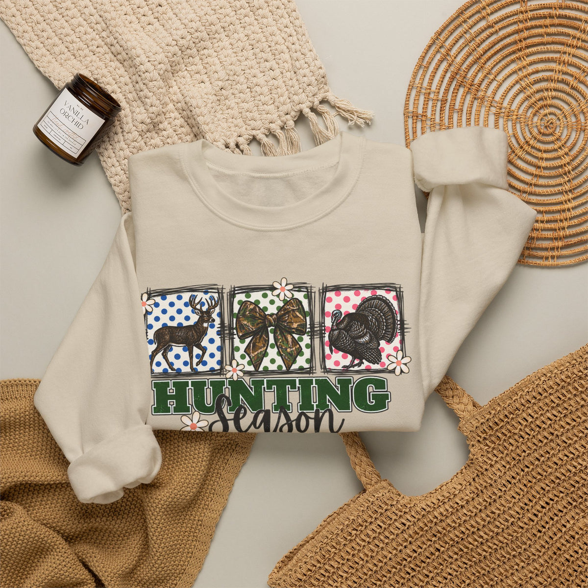 Hunting Season Crewneck Sweatshirt — Camo Deer, Turkey & Duck Graphic