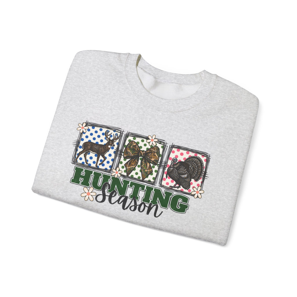 Hunting Season Crewneck Sweatshirt — Camo Deer, Turkey & Duck Graphic