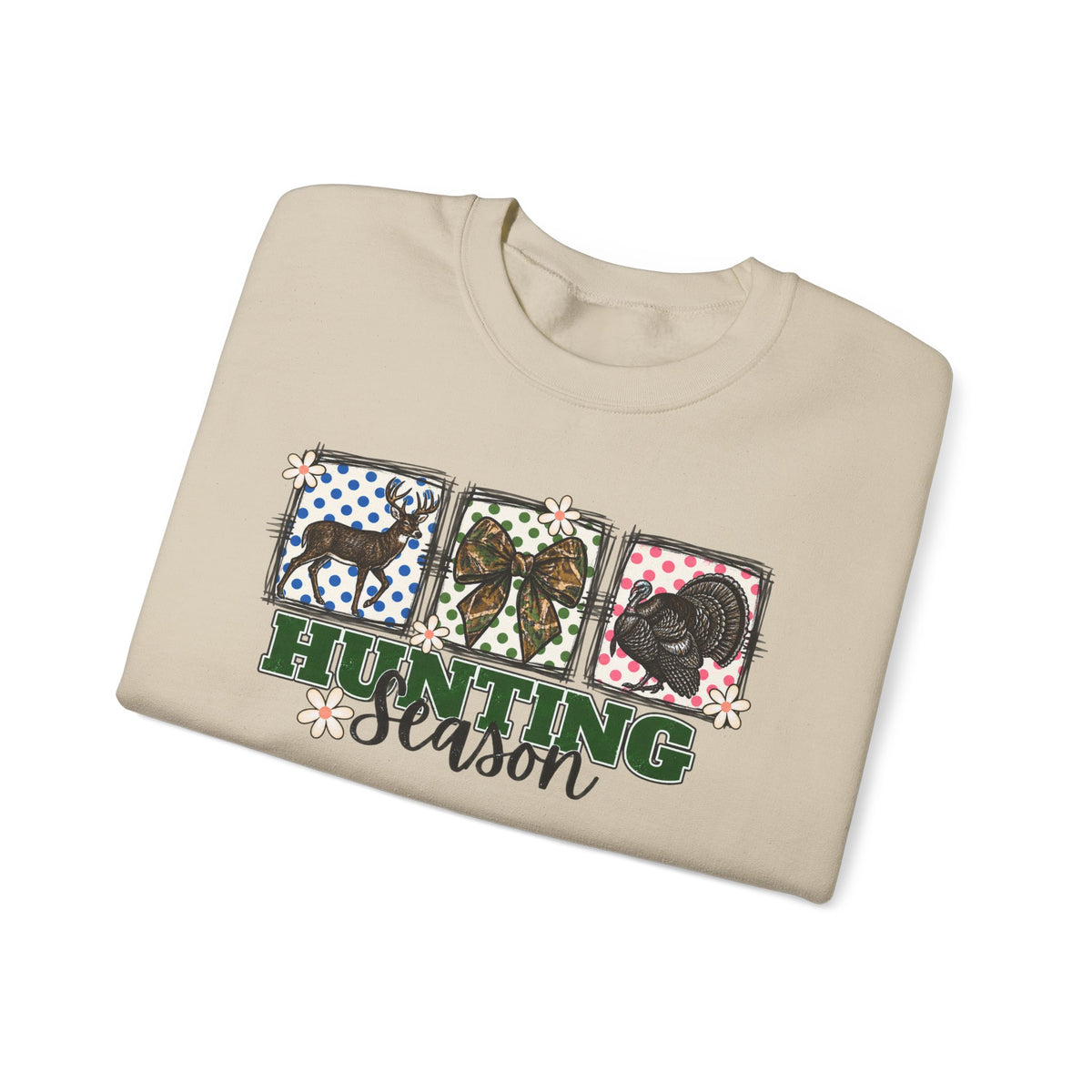 Hunting Season Crewneck Sweatshirt — Camo Deer, Turkey & Duck Graphic