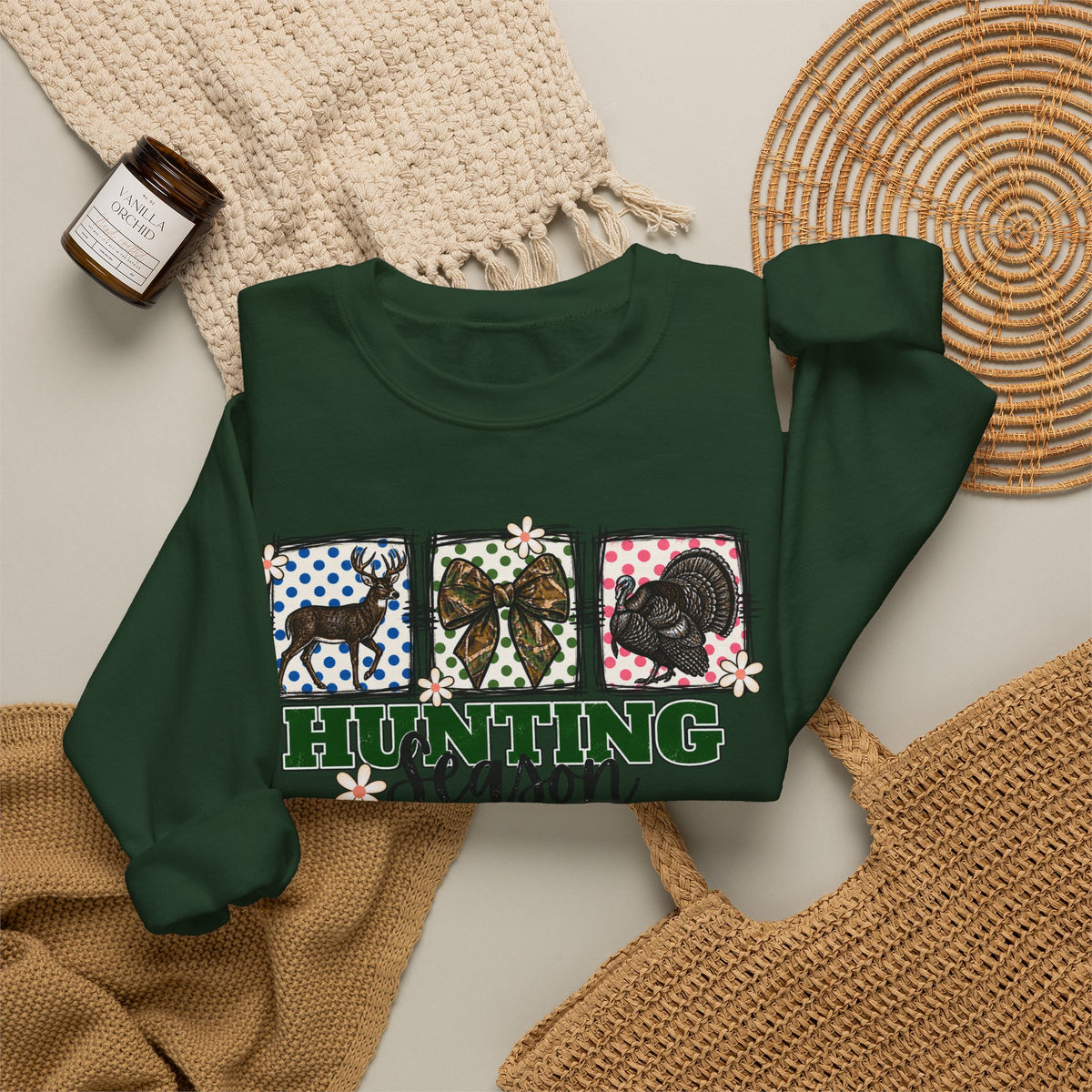 Hunting Season Crewneck Sweatshirt — Camo Deer, Turkey & Duck Graphic