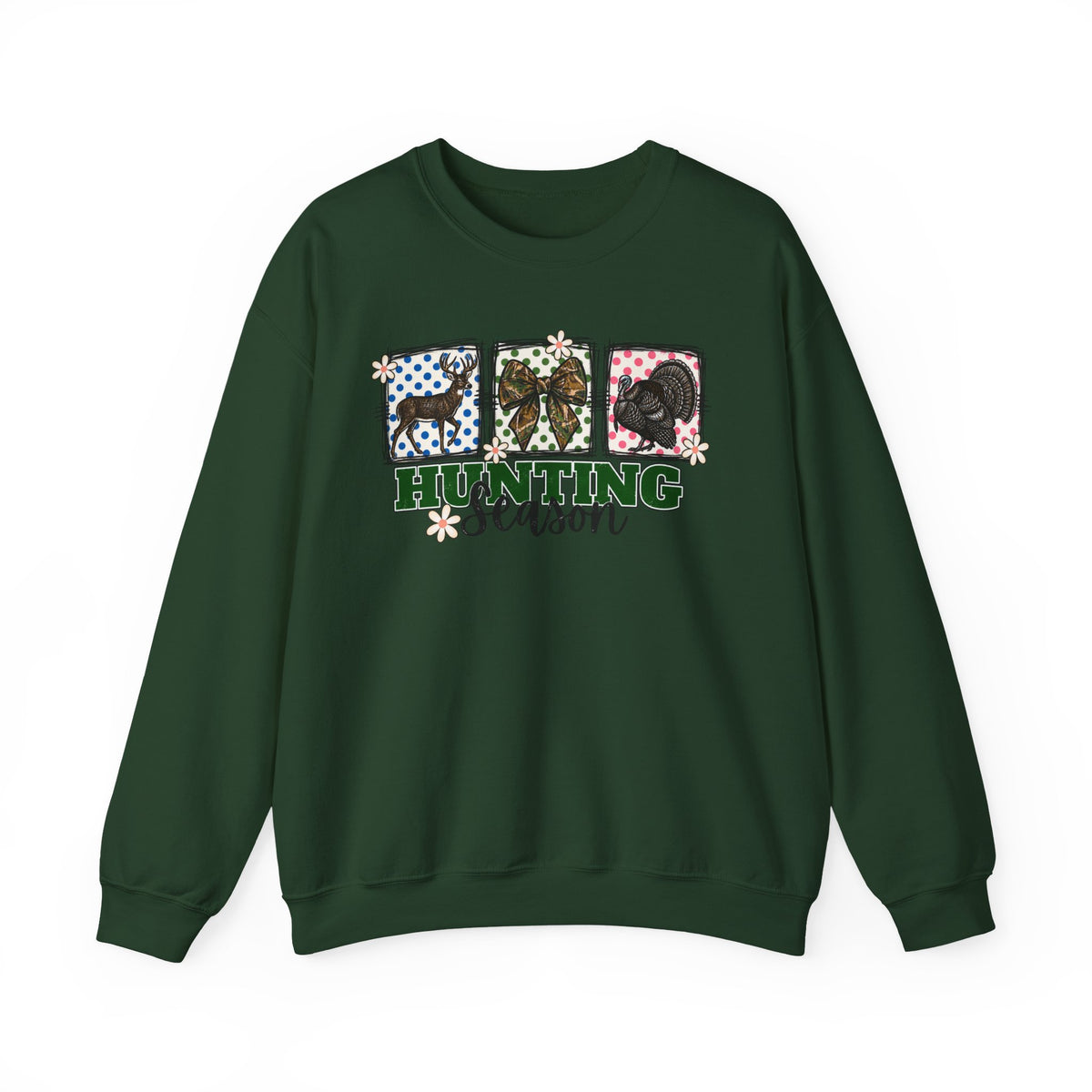 Hunting Season Crewneck Sweatshirt — Camo Deer, Turkey & Duck Graphic