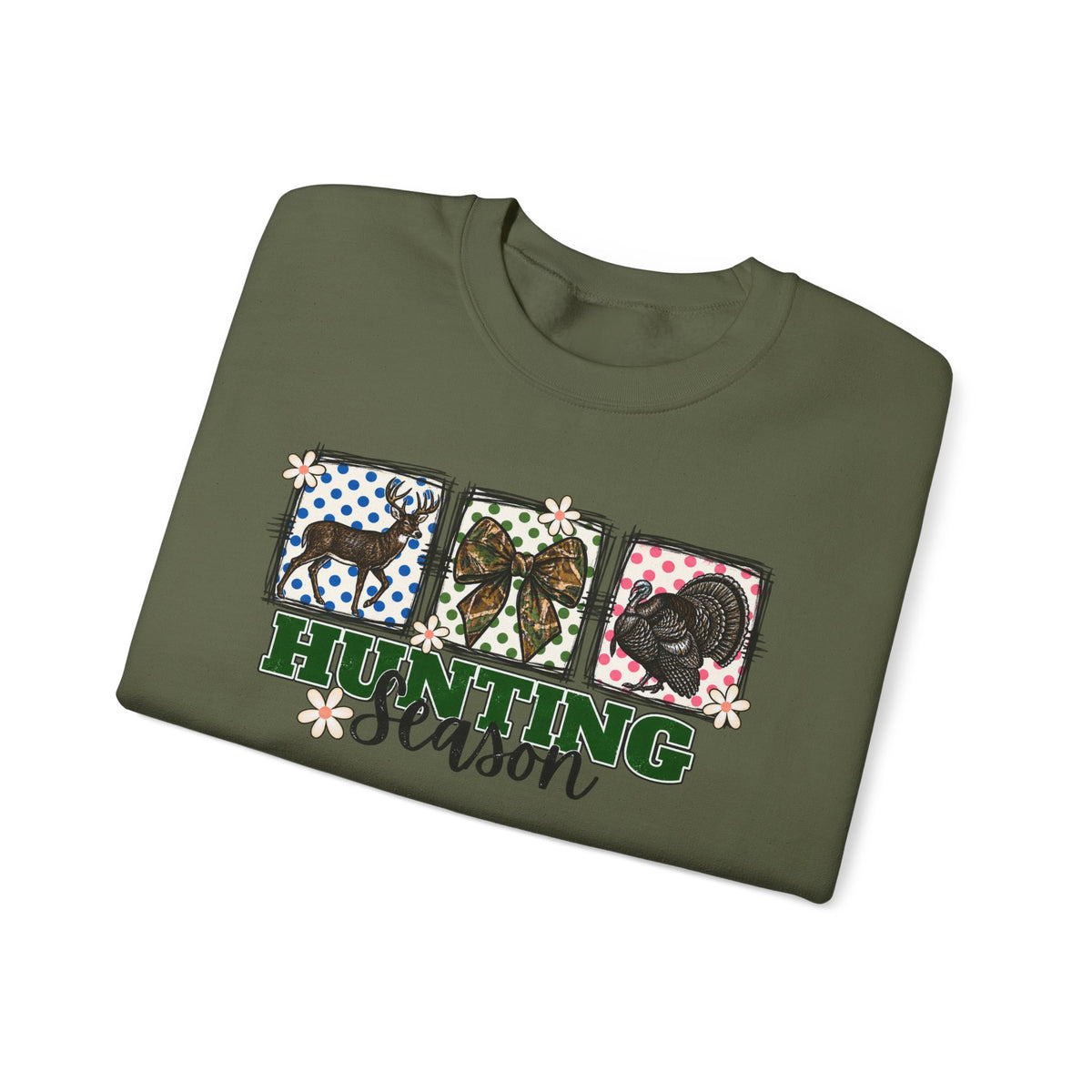 Hunting Season Crewneck Sweatshirt — Camo Deer, Turkey & Duck Graphic