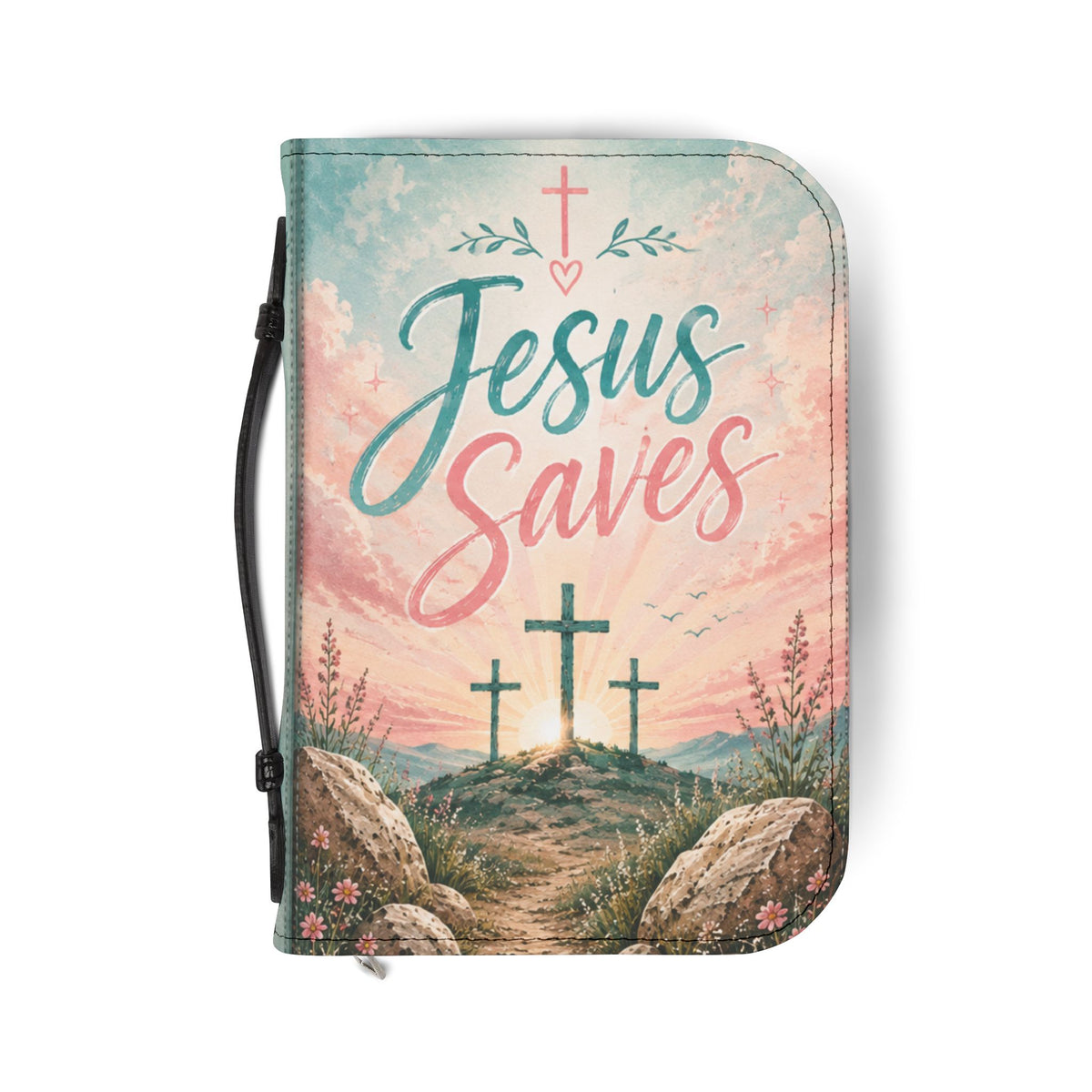 Bible Cover - "Jesus Saves" Pastel Crosses Biblical Zippered Bible Case