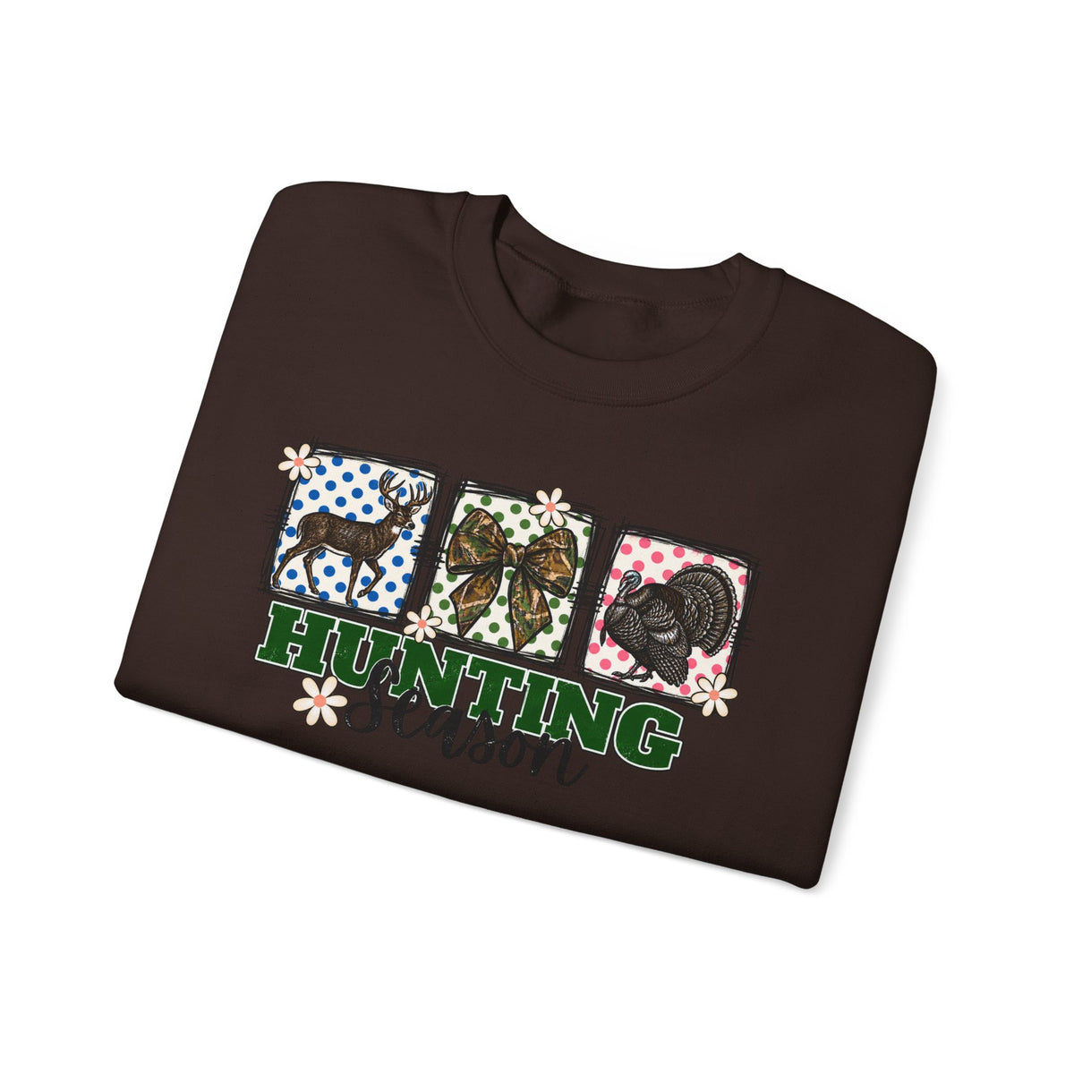 Hunting Season Crewneck Sweatshirt — Camo Deer, Turkey & Duck Graphic