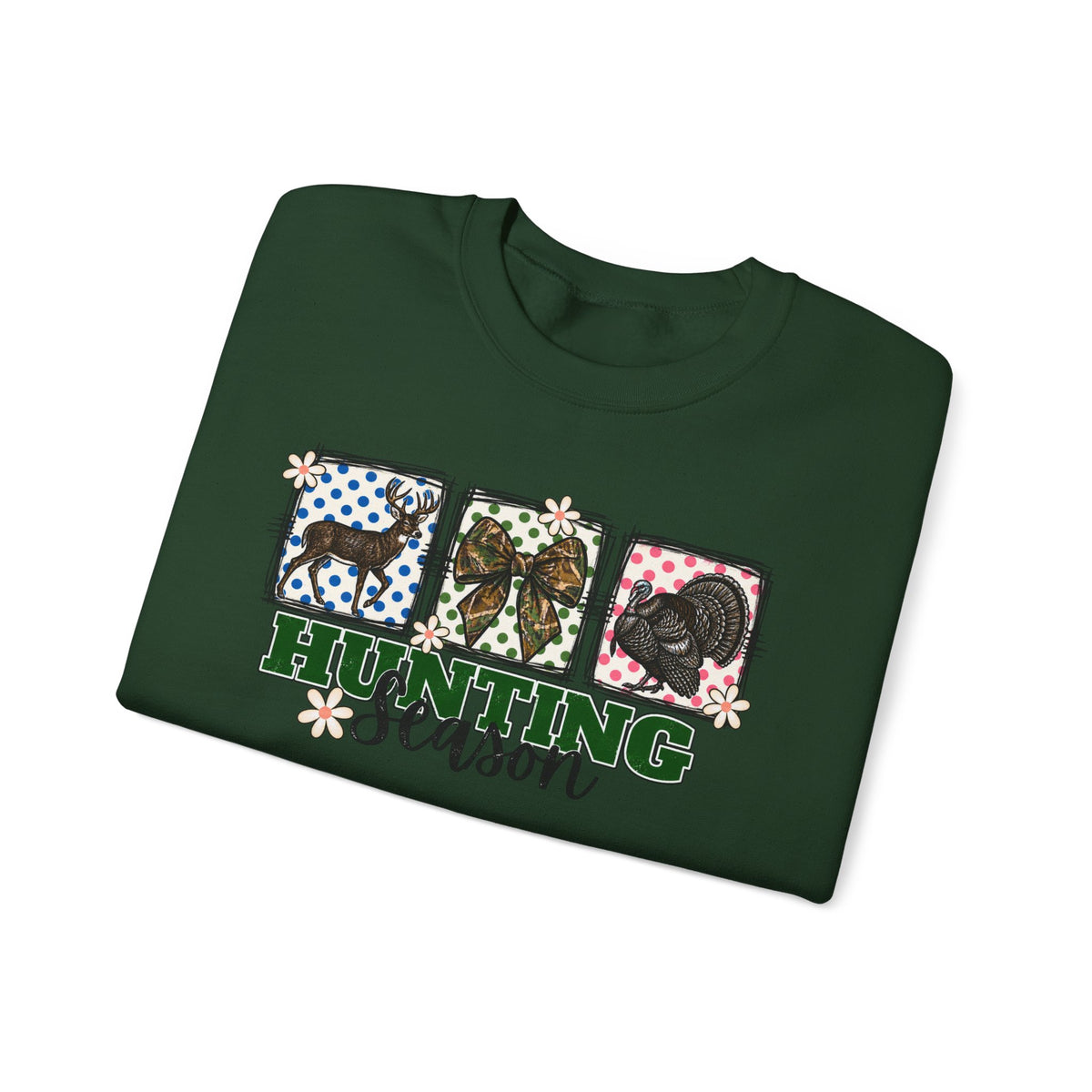 Hunting Season Crewneck Sweatshirt — Camo Deer, Turkey & Duck Graphic