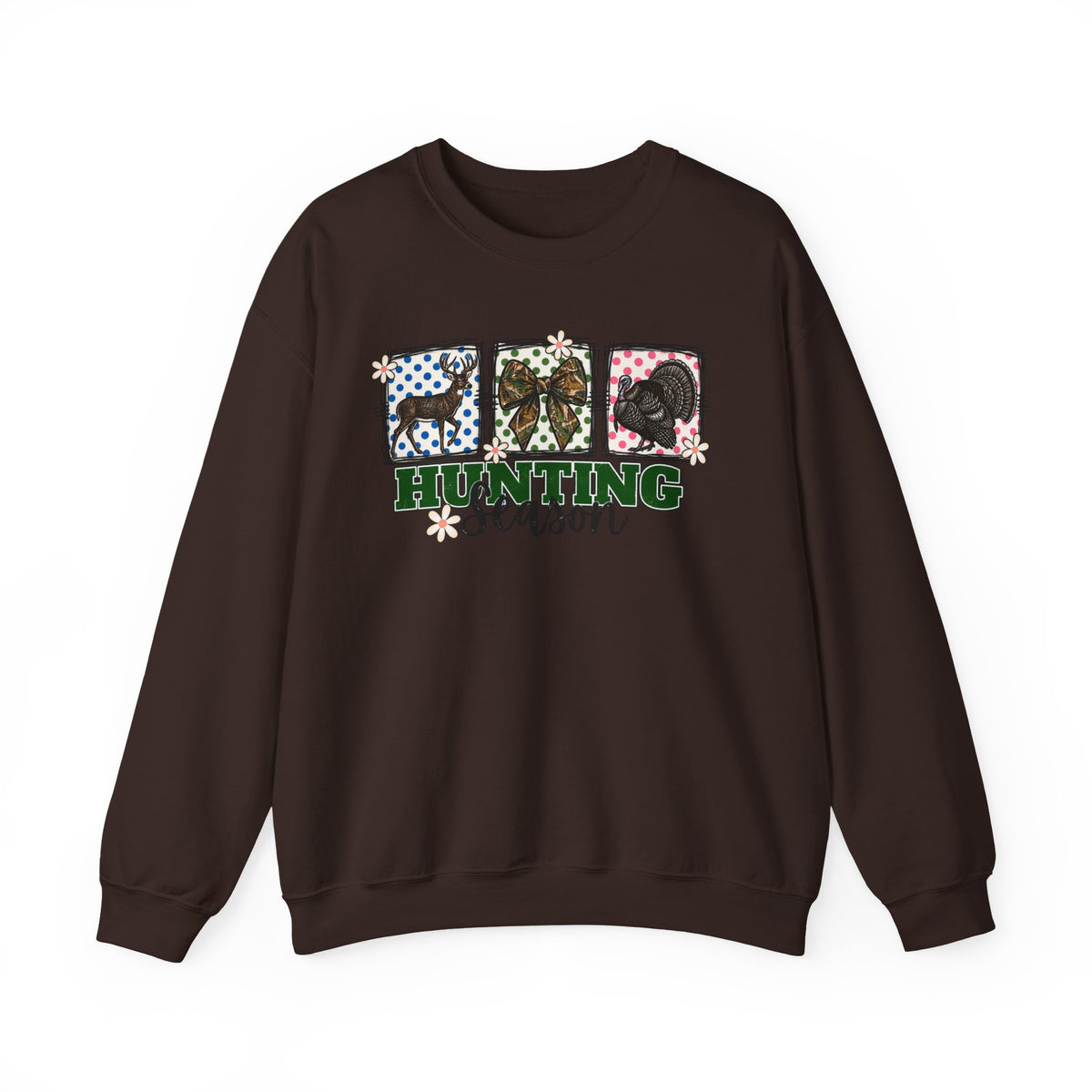 Hunting Season Crewneck Sweatshirt — Camo Deer, Turkey & Duck Graphic